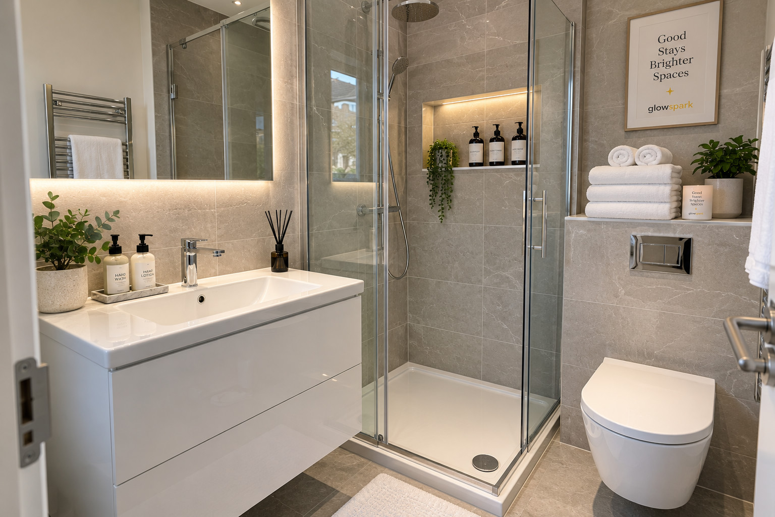 A reset bathroom with folded towels and toiletries in a holiday let