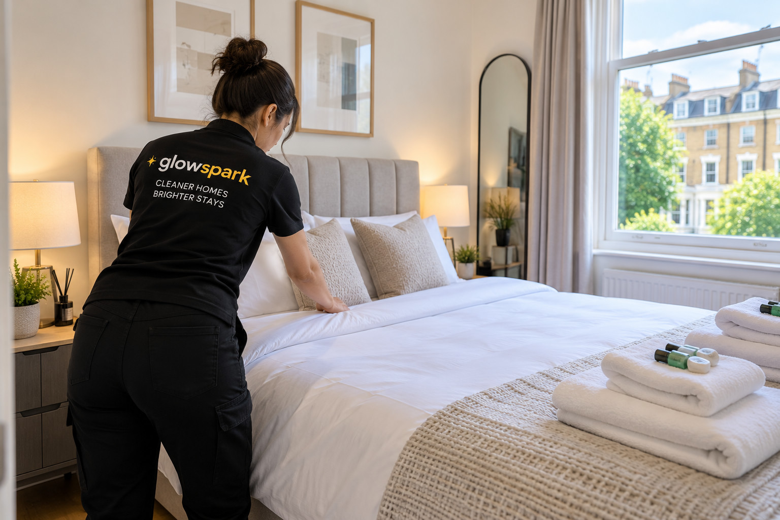 A GlowSpark cleaner making up the bed during an Airbnb changeover